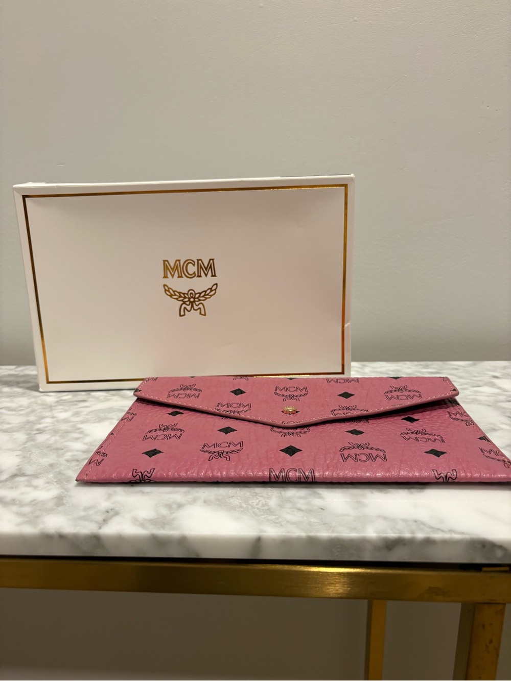 MCM Pink Monogram Envelope Clutch